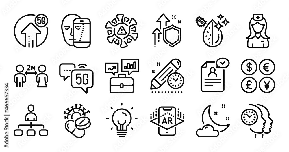 Coronavirus, Resume document and Night weather line icons set. Secure shield and Money currency exchange. Management, Business portfolio and Time management icons. Vector