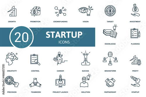 Startup icon set. Collection of simple elements such as the growth, promotion, crowdfunding, planning, creativity, career, vision.