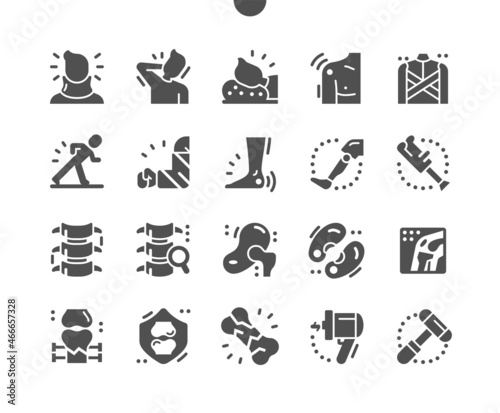 Orthopedics. Health care, medical and medicine. Neck discomfort. Elastic bandage. Osteosynthesis. Orthopedic hammer. Vector Solid Icons. Simple Pictogram
