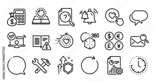 Online access, Speech bubble and Talk bubble line icons set. Secure shield and Money currency exchange. Spanner tool, Augmented reality and Sun energy icons. Vector