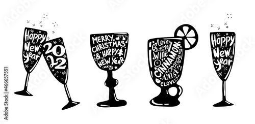 Christmas drinks set with lettering. Mulled wine ingridients handwritten. New year 2022 lettering in champagne glass. 
