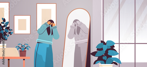 unhappy depressed woman looking at mirror girl feeling desperate mental health diseases depression stress concept
