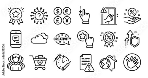 Instruction manual, Cloudy weather and Vaccination schedule line icons set. Secure shield and Money currency exchange. Touchscreen gesture, Discount and Add products icons. Vector