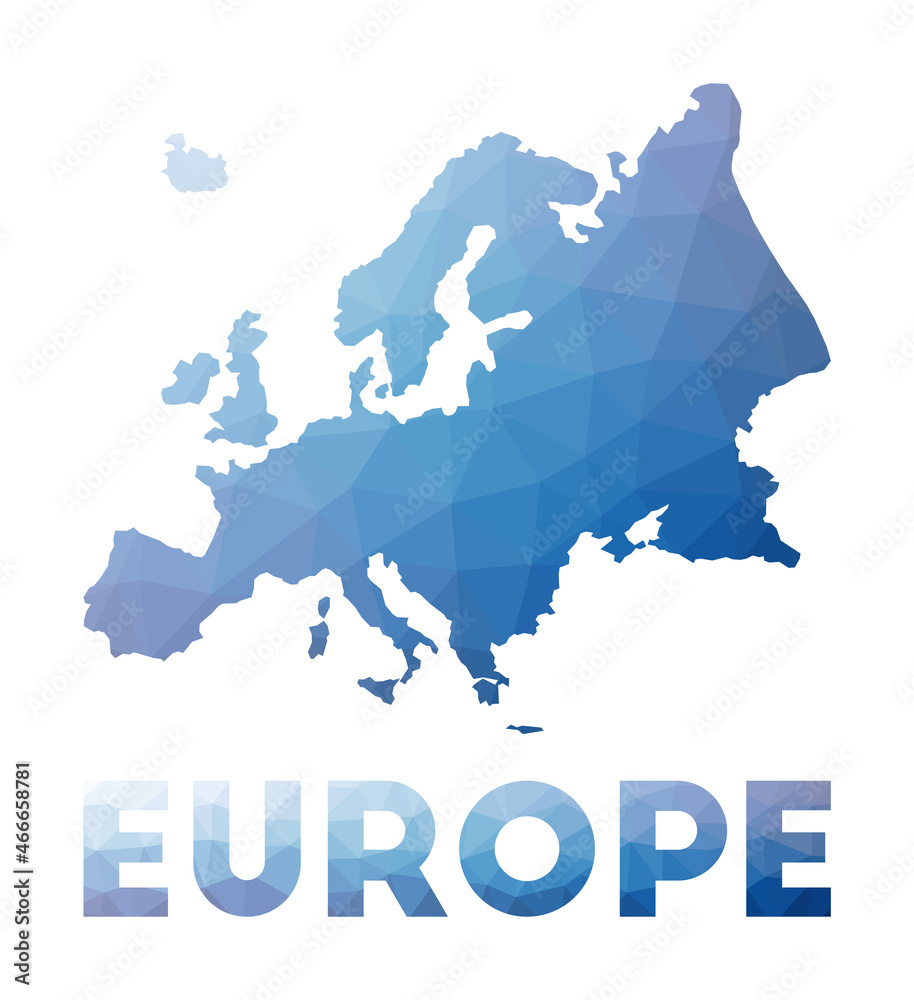 Low poly map of Europe. Geometric illustration of the continent. Europe polygonal map. Technology, internet, network concept. Vector illustration. - obrazy, fototapety, plakaty 