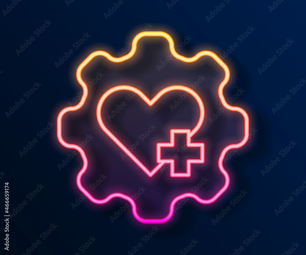 Glowing neon line Heart with a cross icon isolated on black background. First aid. Healthcare, medical and pharmacy sign. Vector