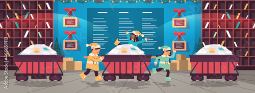 elves preparing for new year and christmas holidays celebration mix race santa helpers pushing minecart
