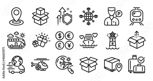 Send box, Baggage reclaim and Logistics network line icons set. Secure shield and Money currency exchange. Packing boxes, Parcel tracking and Delivery service icons. Vector