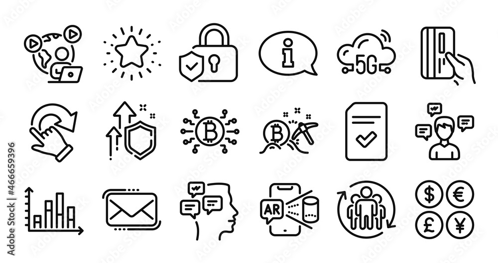 Information, Diagram graph and Rotation gesture line icons set. Secure shield and Money currency exchange. Checked file, Bitcoin system and Teamwork icons. Vector
