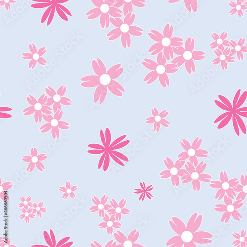 Vector blue background white pink cherry tree flowers and cherry blossom sakura flowers. Seamless pattern background