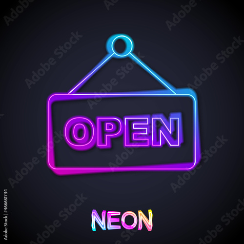 Glowing neon line Hanging sign with text Open door icon isolated on black background. Vector