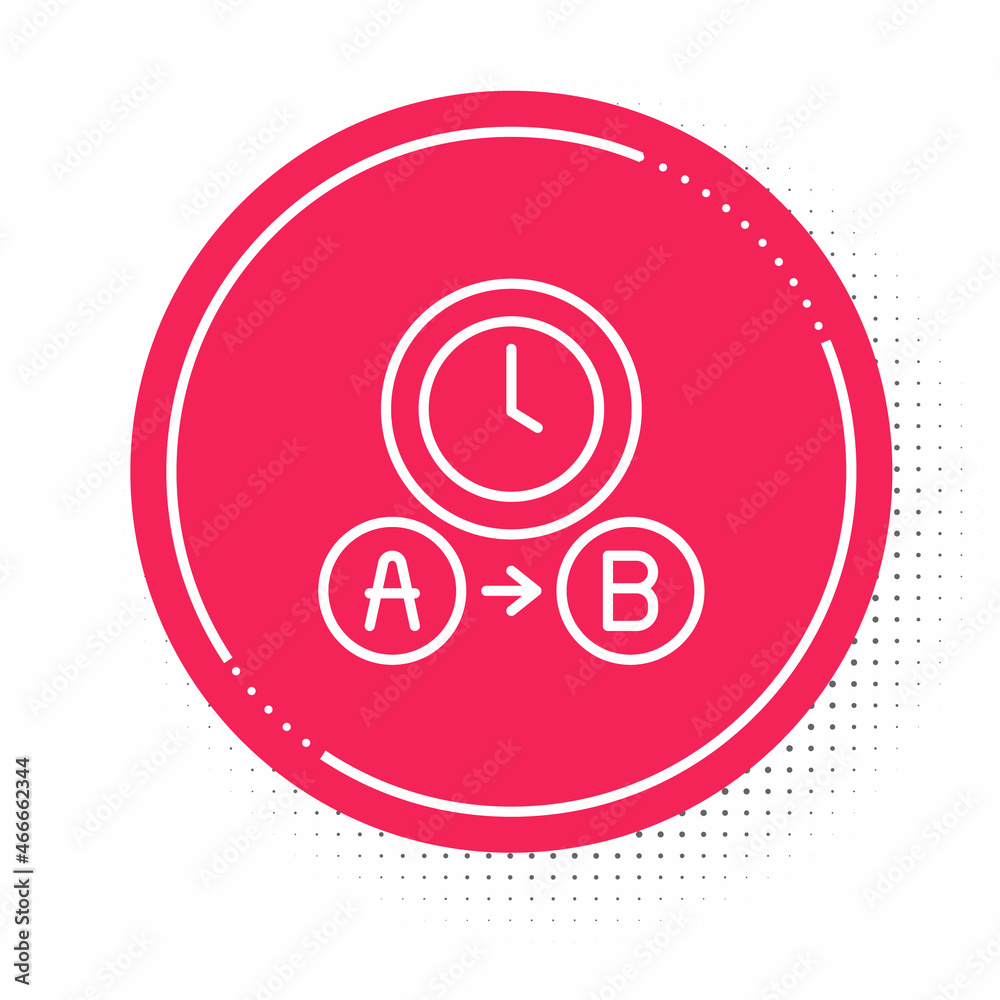 White line Taxi waiting time icon isolated on white background. Car deadline, schedule ride. Red circle button. Vector White line Taxi waiting time icon isolated on white background. Car deadline, schedule ride. Red circle button. Vector