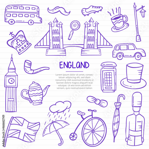 england country or london doodle hand drawn with outline style on paper books line