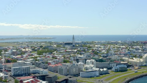 Reykjavik - Iceland - Slow push in across city from from coastline to Hallgrimskirkja.