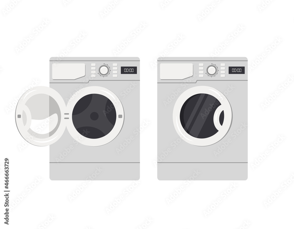 Washing machine icon. Front view of appliances in the bathroom. Vector flat illustration isolated on white background.