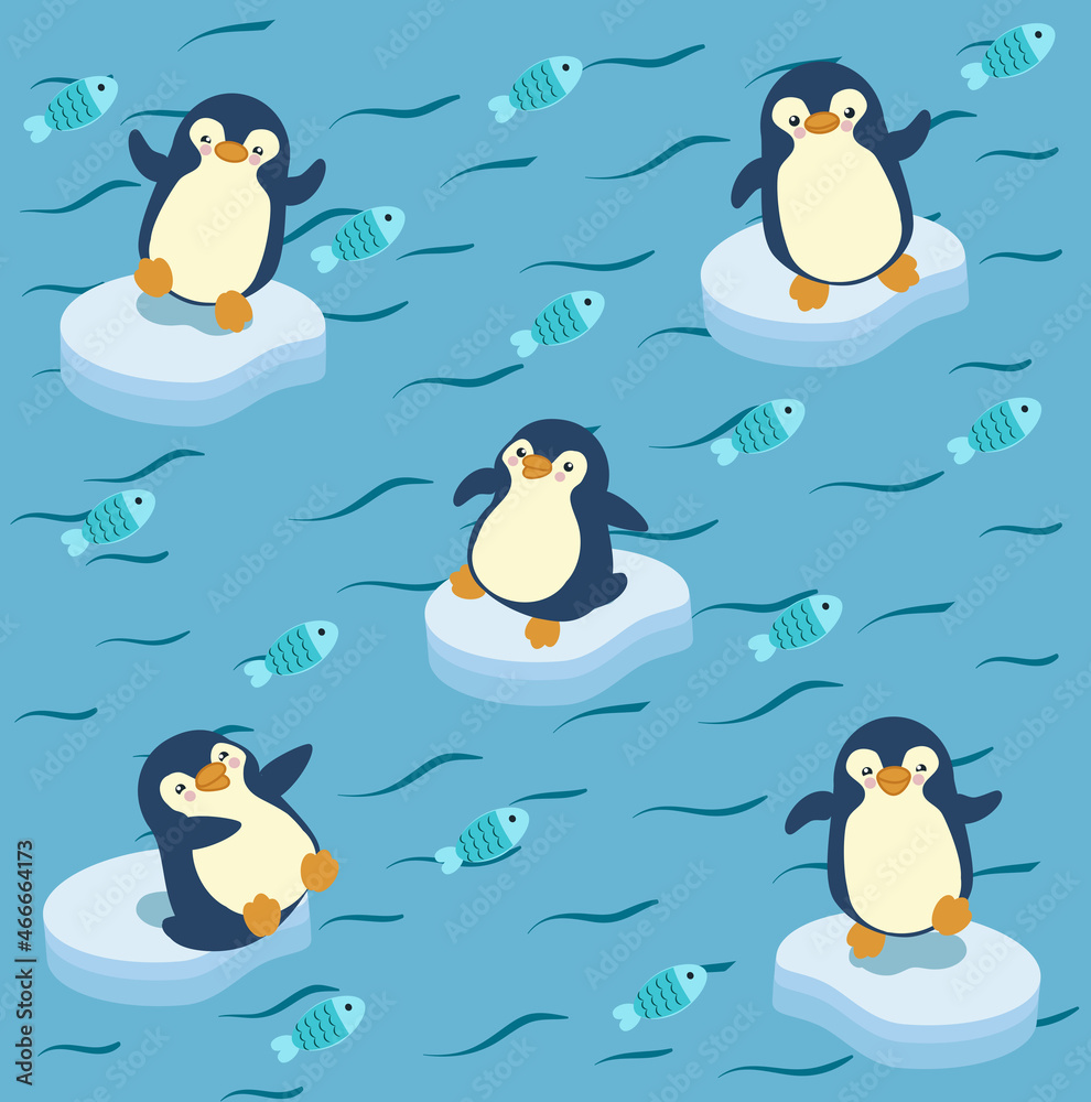 Obraz premium Illustration pattern of funny penguin eating a fish on a piece of ice