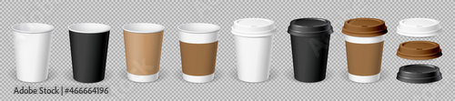 Set of Realistic Paper Coffee Cups. Glasses with and without lids. 3d mock up for brand template. vector illustration.