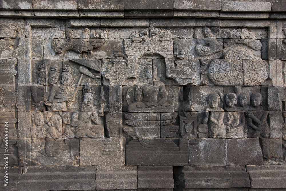 22 May 2008, Magelang, Java, Indonesia: Panel Relief on Borobudur Temple, Indonesia