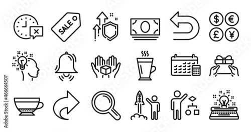 Give present, Sale ticket and Calendar line icons set. Secure shield and Money currency exchange. Hold box, Share and Cash money icons. Typewriter, Clock bell and Latte signs. Vector