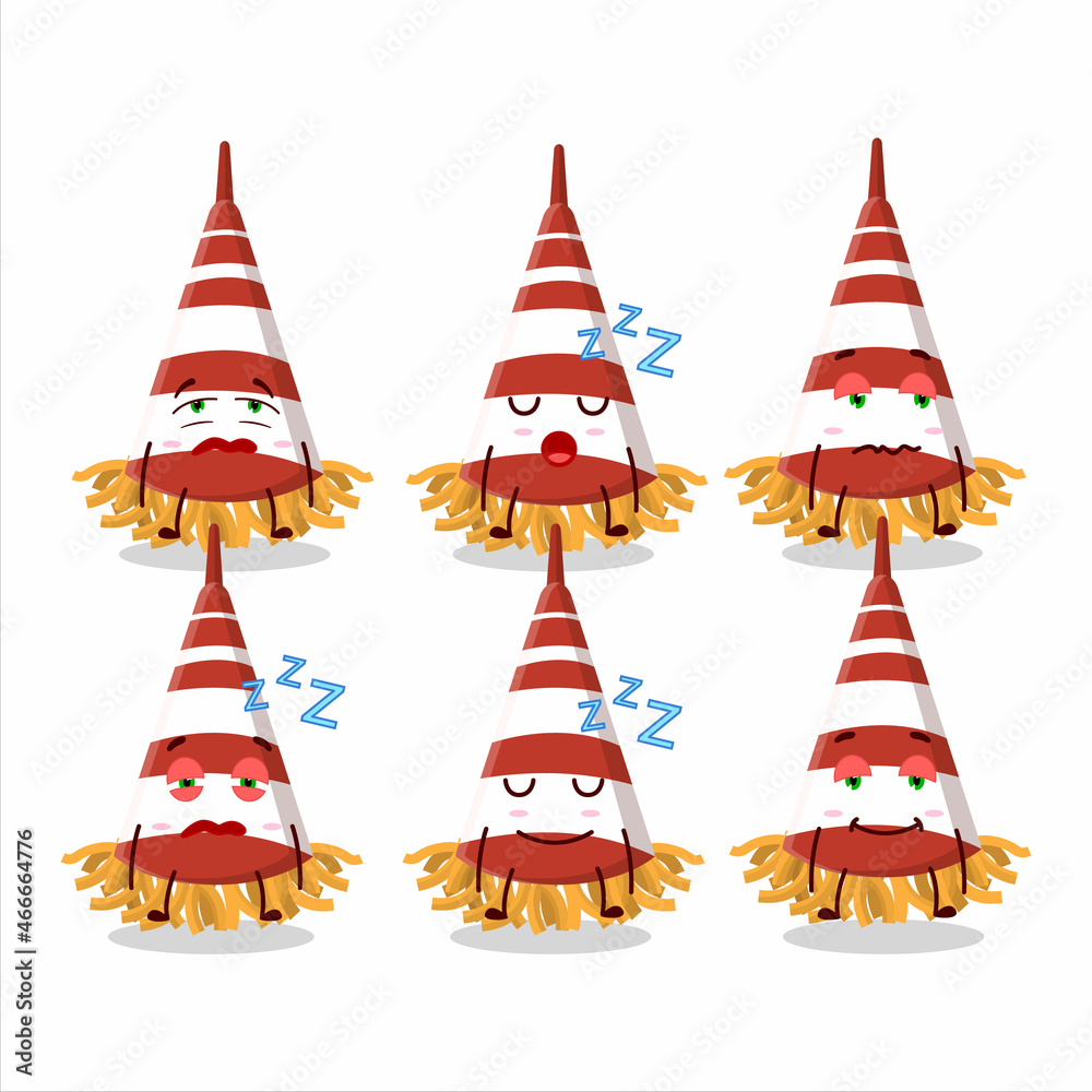 Cartoon character of red confetti trumpet with sleepy expression Cartoon character of red confetti trumpet with sleepy expression