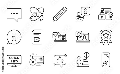 Technology icons set. Included icon as Online rating, Online survey, Ranking star signs. Video file, Pencil, Reject access symbols. Full rotation, Security contract, Like. Web tutorials. Vector