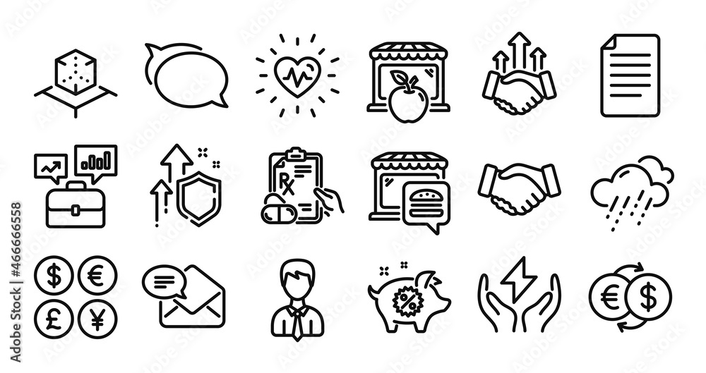 Rainy weather, Heartbeat and Piggy sale line icons set. Secure shield and Money currency exchange. Prescription drugs, Business portfolio and Augmented reality icons. Vector Rainy weather, Heartbeat and Piggy sale line icons set. Secure shield and Money currency exchange. Prescription drugs, Business portfolio and Augmented reality icons. Vector
