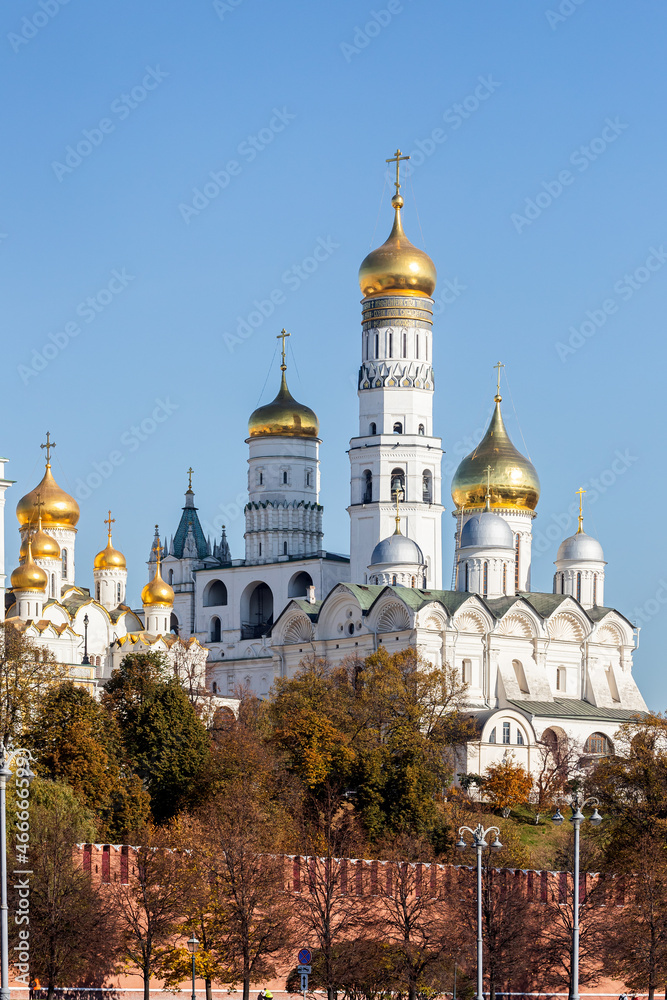 Ivan the Great Bell Tower, Cathedral Square Moscow Kremlin, Assumption belfry in Moscow Kremlin over blue sky