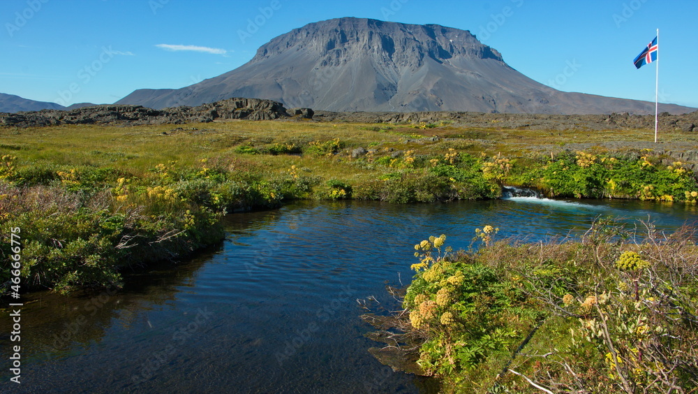 View of the mountain Herdubreid from the restplace Porsteinskali at the river Lindaa in Iceland, Europe
