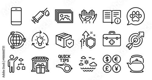 Gift shop, Travel sea and Smartphone line icons set. Secure shield and Money currency exchange. Technical info, Pets care and Image gallery icons. Medical syringe, Eco energy and Teapot signs. Vector