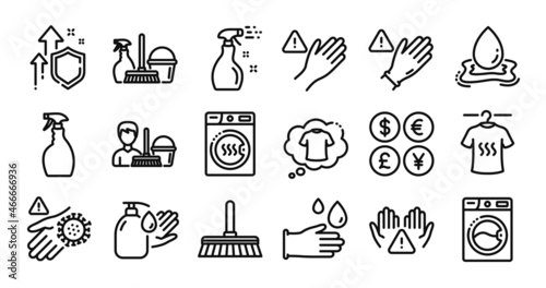 Dont touch, Clean hands and Water splash line icons set. Secure shield and Money currency exchange. Use gloves, Spray and Wash hand icons. Washing machine, Wash hands and Cleaning mop signs. Vector