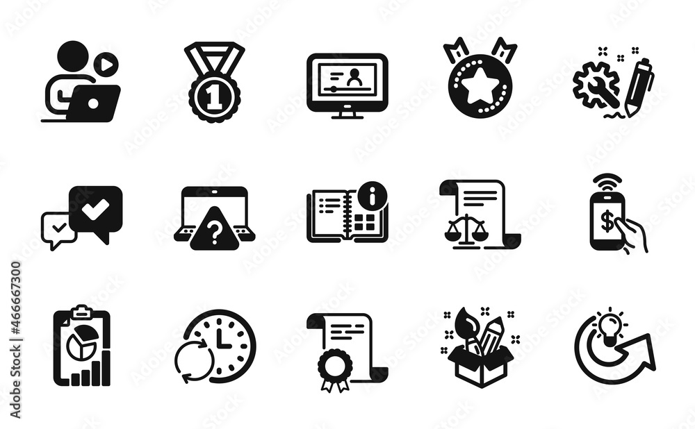 Vector set of Online question, Phone payment and Creativity icons simple set. Online video, Update time and Ranking star icons. Legal documents, Certificate and Engineering signs. Vector Vector set of Online question, Phone payment and Creativity icons simple set. Online video, Update time and Ranking star icons. Legal documents, Certificate and Engineering signs. Vector