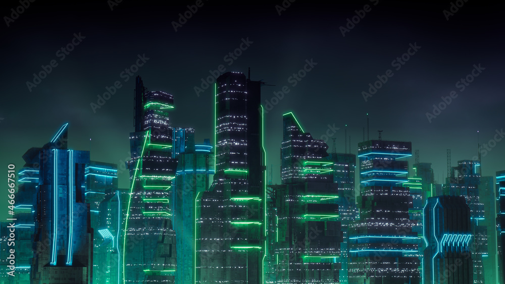 Sci-fi Cityscape with Green and Blue Neon lights. Night scene with ...