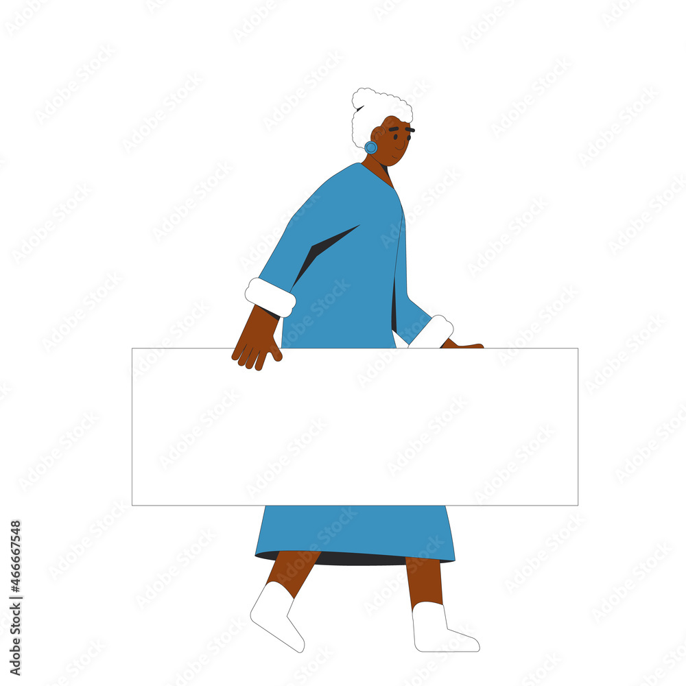 Elderly woman walking and holding blank banner in her hand. Elderly woman walking and holding blank banner in her hand.