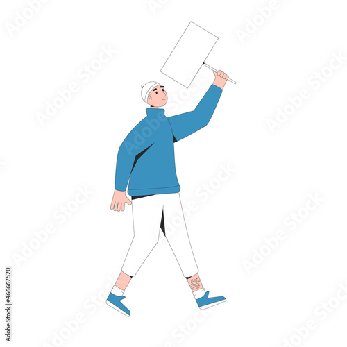 Young man walking and holding blank banner.