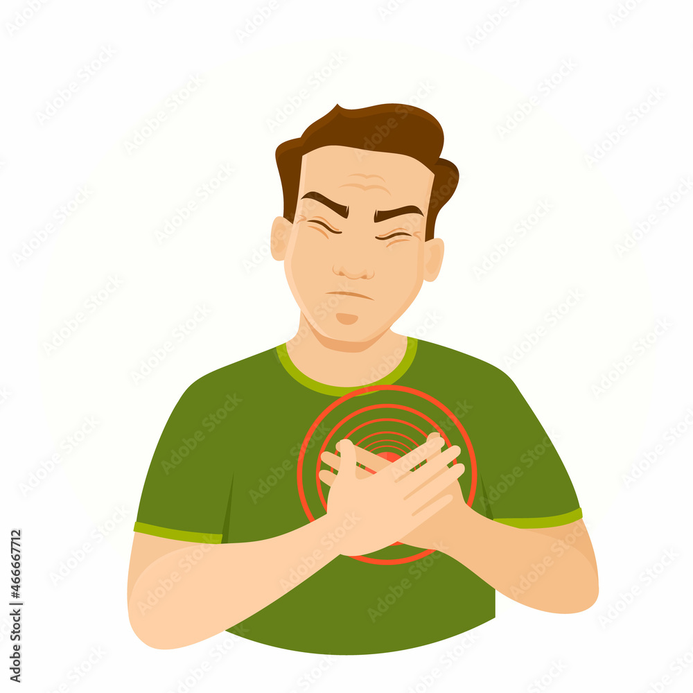 Chest pain concept. Heartache. Man with Heart Attack. Character with Chest Pain. Isolated. Vector Illustration in Flat Cartoon Style. Health and Medical. Heart attack, stroke concept. Chest pain concept. Heartache. Man with Heart Attack. Character with Chest Pain. Isolated. Vector Illustration in Flat Cartoon Style. Health and Medical. Heart attack, stroke concept.