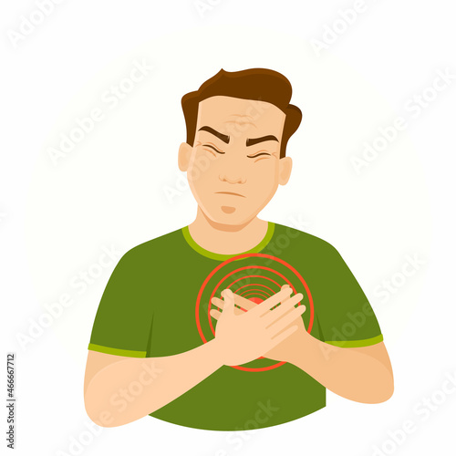 Chest pain concept. Heartache. Man with Heart Attack. Character with Chest Pain. Isolated. Vector Illustration in Flat Cartoon Style. Health and Medical. Heart attack, stroke concept.