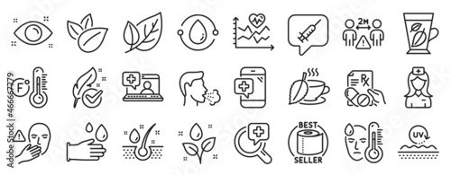 Set of Healthcare icons  such as Social distance  Plants watering  Medical help icons. Dont touch  Fever  Medical phone signs. Toilet paper  Fahrenheit thermometer  Health eye. Serum oil. Vector