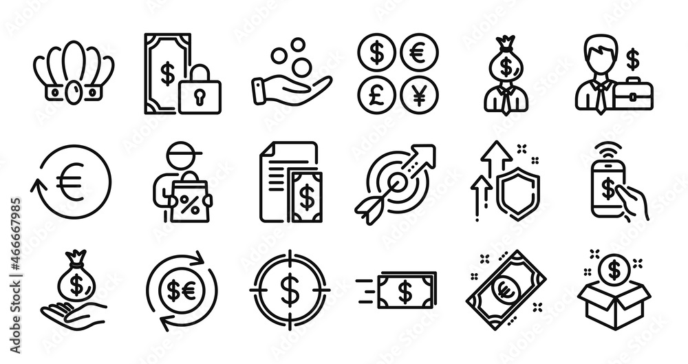 Phone payment, Dollar target and Money currency line icons set. Secure shield and Money currency exchange. Payment, Income money and Businessman case icons. Vector Phone payment, Dollar target and Money currency line icons set. Secure shield and Money currency exchange. Payment, Income money and Businessman case icons. Vector