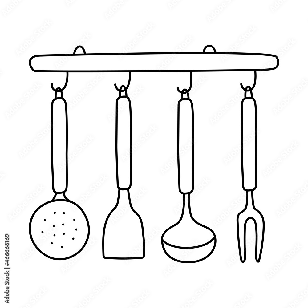 Kitchen utensils sketch. Hand drawn black and white doodle vector illustration. Kitchen utensils sketch. Hand drawn black and white doodle vector illustration.