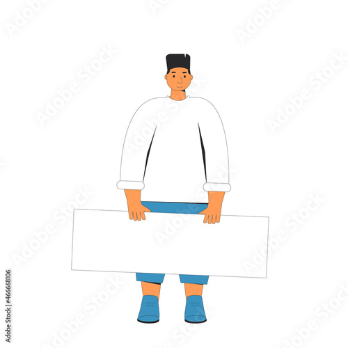 Young man holding blank banner.