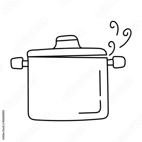 Food is boiling in a saucepan.  Black and white  sketch. Hand drawn doodle vector illustration.