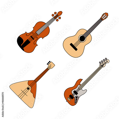 Musical instrument sketch set. Guitar and violin, violin and balalaika