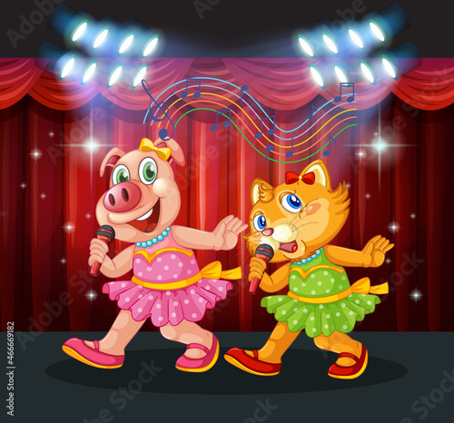 Little cute animals singing on stage