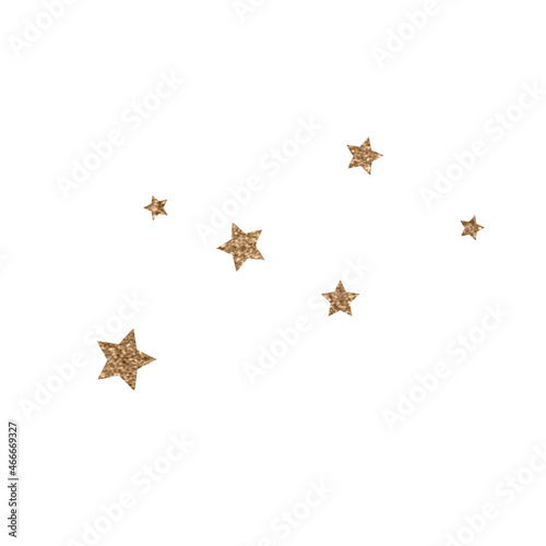 Glowing Christmas textured elements isolated on white background. Bronze gold glitter shiny stars.