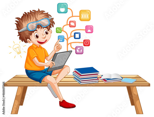 Boy sitting on couch learning from tablet