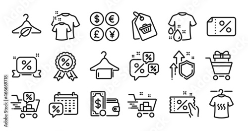 Wallet money  Dry t-shirt and Discounts ribbon line icons set. Secure shield and Money currency exchange. Discount medal  Discounts calendar and Discount coupon icons. Vector