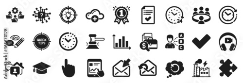 Set of Education icons, such as Strategy, Graduation cap, Teamwork icons. Work home, Tips, Time change signs. Approved checklist, Keywords, Accounting report. Cloud computing, Tick, Idea. Vector