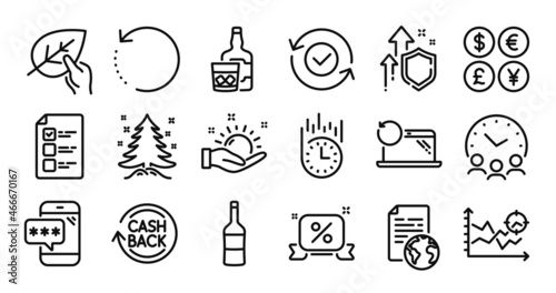 Fast delivery, Internet document and Whiskey glass line icons set. Secure shield and Money currency exchange. Discounts ribbon, Wine and Meeting time icons. Vector