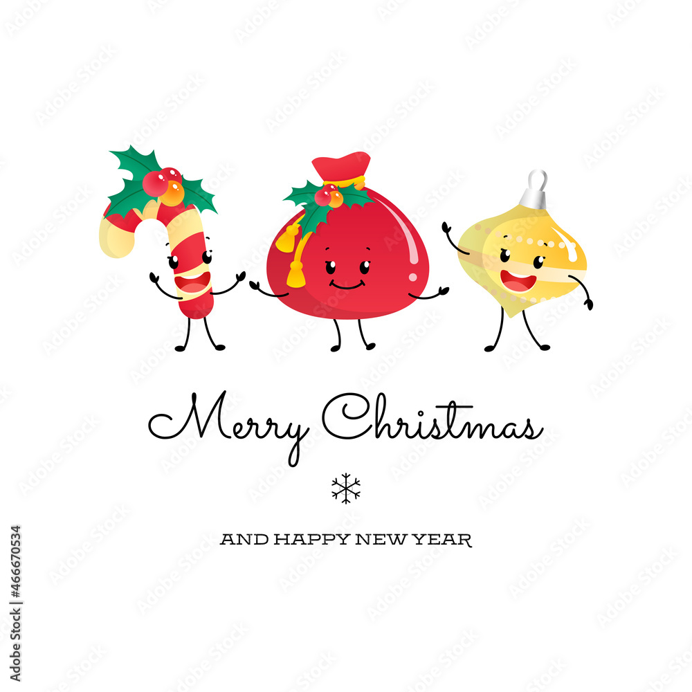 Naklejka premium Merry Christmas and Happy new year card with funny characters. Winter holiday illustration of a cute dancing candy cane, a Santa Claus bag and a Christmas decoration isolated on a white background.