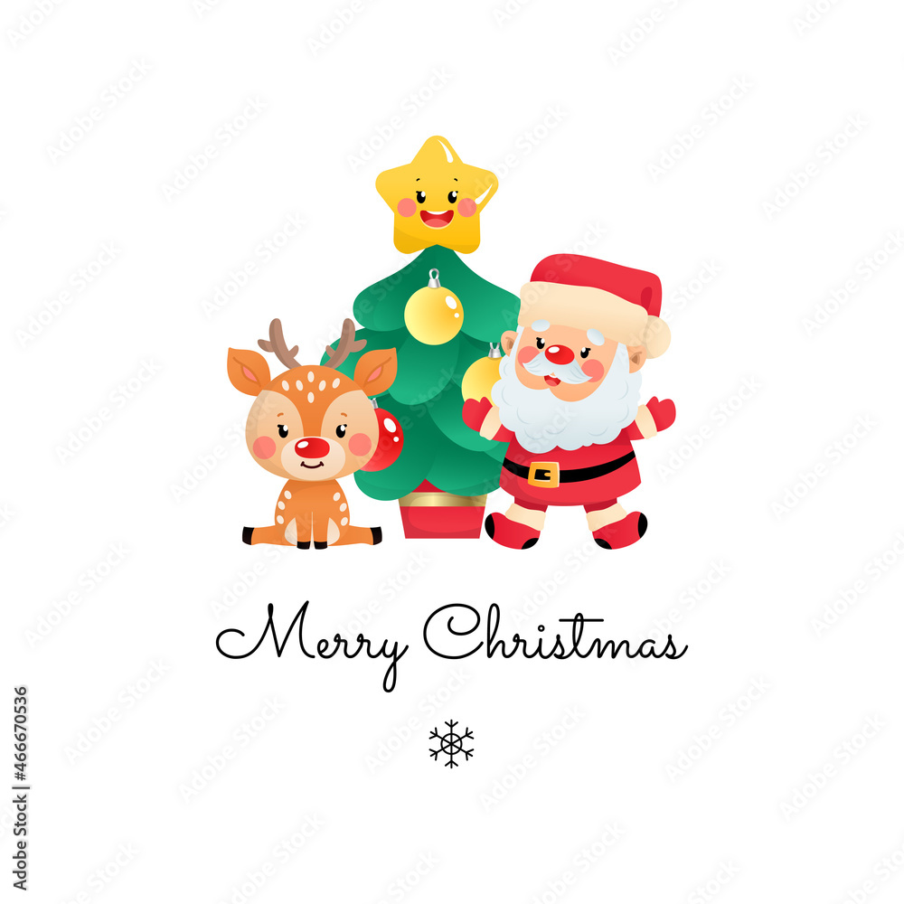 Merry Christmas greeting card. Cute illustration of the Santa Claus, a deer and a fir tree with a Christmas star isolated on a white background. Vector 10 EPS.