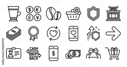 Fototapeta Naklejka Na Ścianę i Meble -  Love chat, Shop and Security line icons set. Secure shield and Money currency exchange. Delete order, Shopping cart and Next icons. Cashback card, Update relationships and Dollar money signs. Vector
